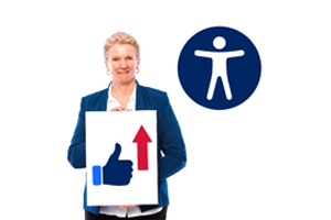 Image of a woman holding a sign with thumbs up and arrow pointing up next to a circle with an outline of person in it. 
