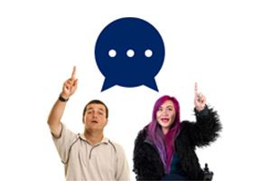 Image of two people pointing ot a thought bubble