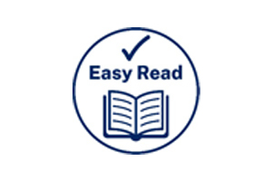 Image of a circle and having a tick, the words easy read and a open book within it 