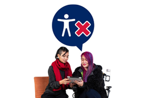 Image of two women holing a tablet with a thought bubble with a person and a X in it   