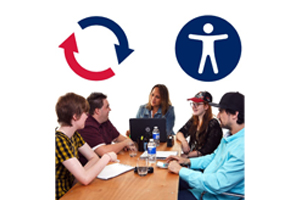 Image of a group of people sititng around a table with two images of tow arrows pointing up and down and circle with person outline in it