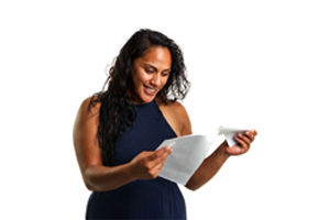 Image of a women looking at a piece of paper