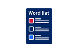 Image of a piece of paper saying word list with 3 squares and lines on it