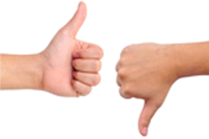 Image of two hands one with a tumbs upand one with a thumbs down