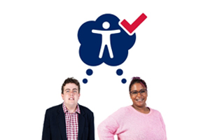 Image of a male and a female with a thought bubble with a person in it and a tick next to it
