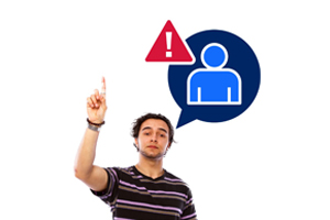 Image of a male pointing his finger up and a thought bubble with a person outlined and a warning symbol