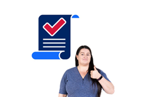Image of a female with a thumbs up next to a piece of paper with a tick on it