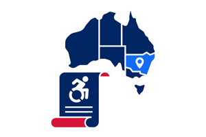 Image of a map of Australia with NSW highlighted next to a piece of paper with a person in a wheelchair outlined n it