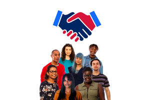 Image of a group of people standing together and two hands shacking above them