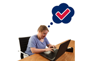 Image of woman sitting ina chair working on a laptop with thought bubble containing a tick symbol