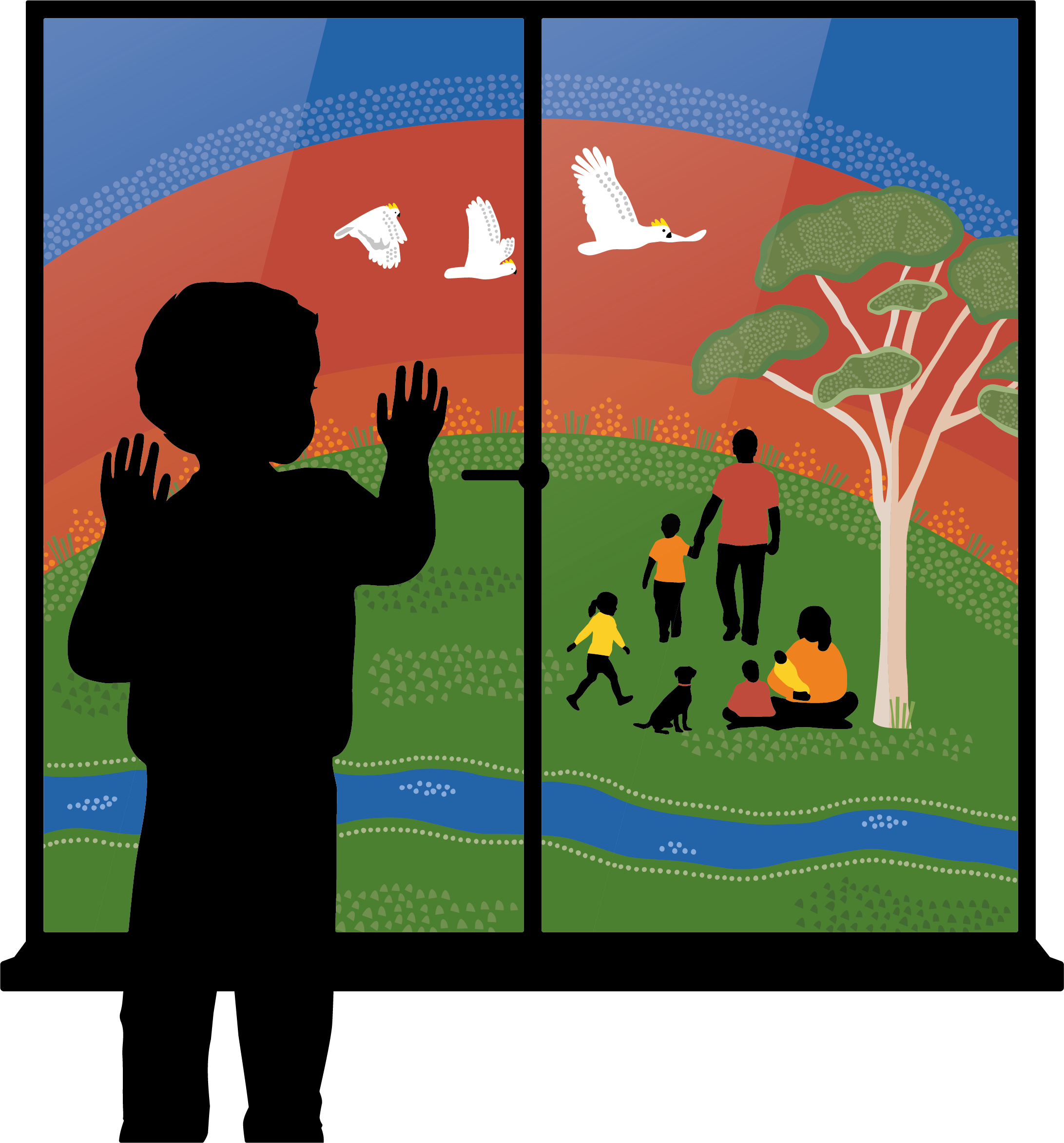 An artwork showing a silhouetted child stands with his hands pressed against a window looking outside. The child watches his family spending time together outdoors under the canopy of a gum tree. A creek in the foreground, separates the child from his family. A flock of cockatoos fly past.