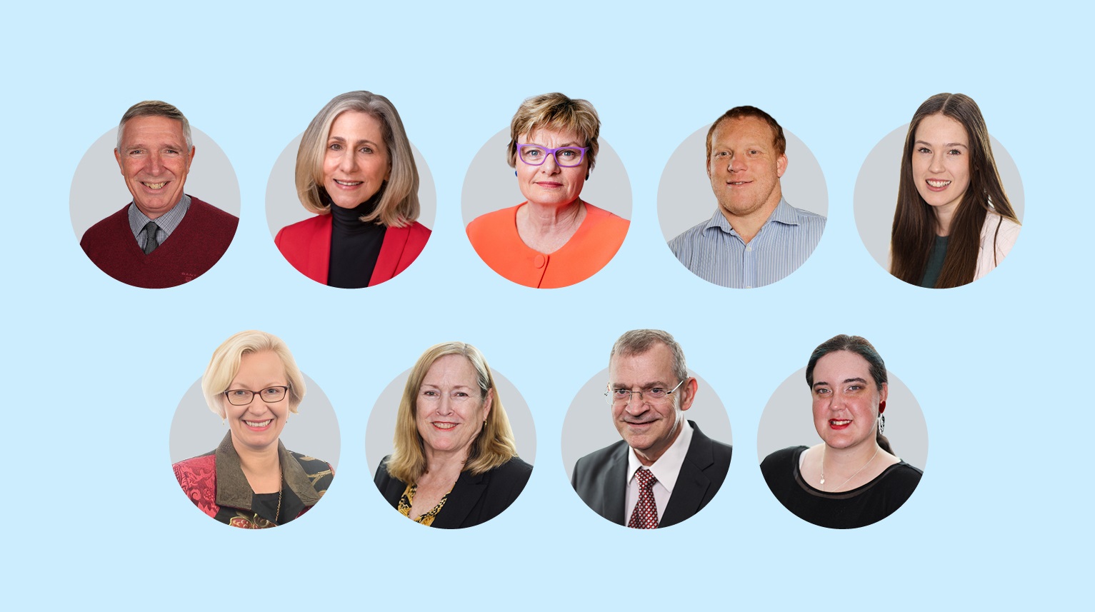 Nine photos of Council members' faces in individual circles on a light blue background.