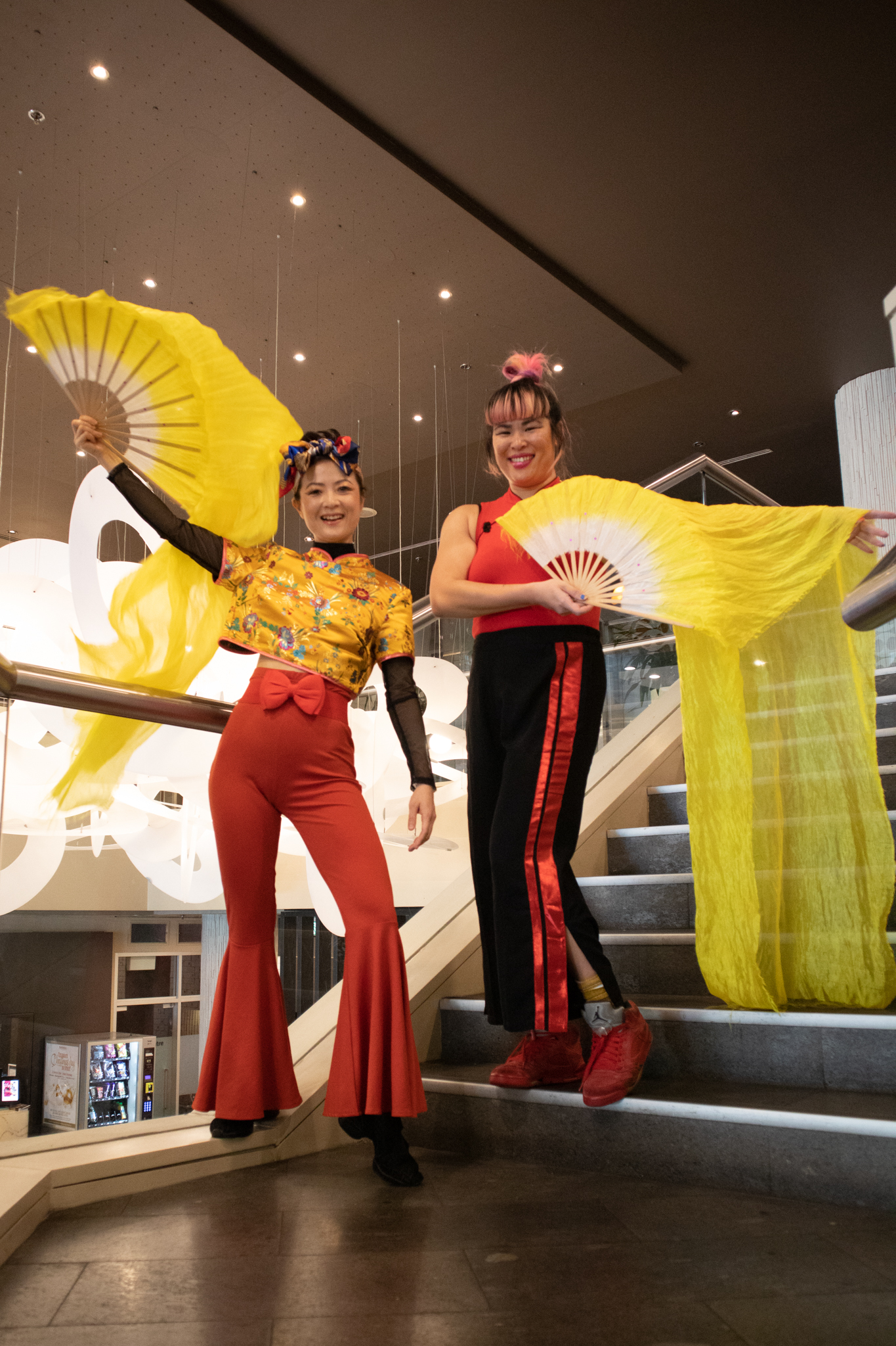 Chinese fan dancers posing for photo