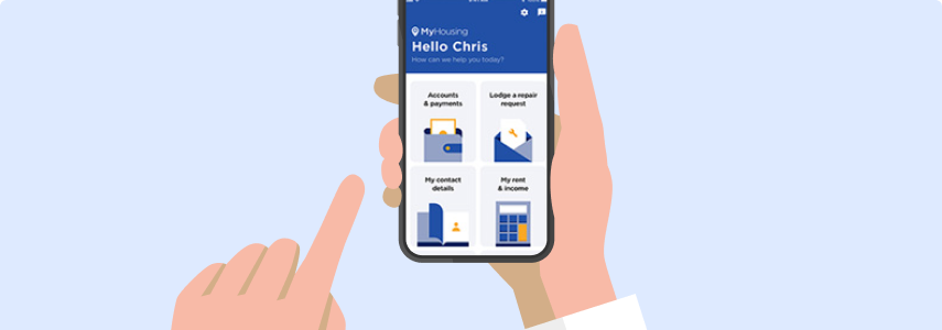 Hand holding phone with MyHousing app open