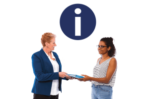 A person handing a folder to a senior officer. Above them is an information icon.