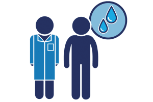 A person in work uniform next to another person. Above them is an icon representing fluids.