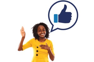 A person pointing to themself with their other hand raised. They have a speech bubble with a thumbs up in it.