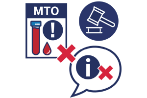 A court icon. Next to the court icon is an "MTO" document with a cross, and a speech bubble. Inside the speech bubble is an information icon with a cross.