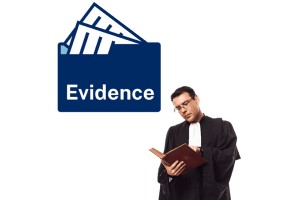 A judge looking at documents. Above them is a folder labelled "Evidence" with some documents in it.