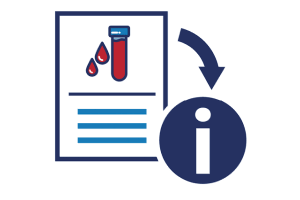 A blood test document with an arrow pointing to an information icon.