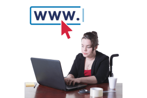 A person using a laptop. Above them is a website icon.