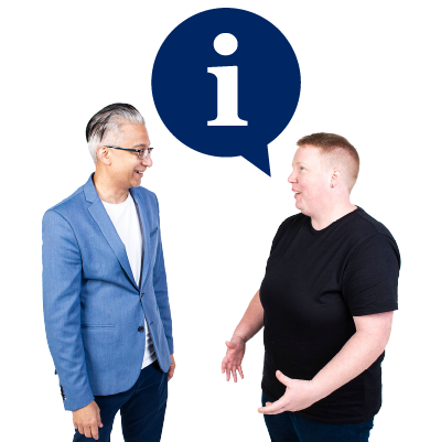 Two people talking with an information symbol