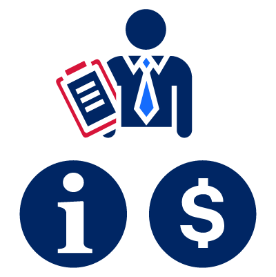 A person, an information symbol, and a dollar symbol