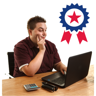 A man working on a laptop, with an achievement icon displayed in the top-right corner of the image