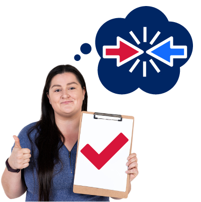 A woman holding a folder with a tick mark visible on it. Above, in a separate chat box icon, are two mouse pointers facing each other.