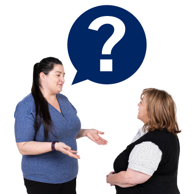 An image of two people engaged in a discussion, with a question mark icon positioned between them.