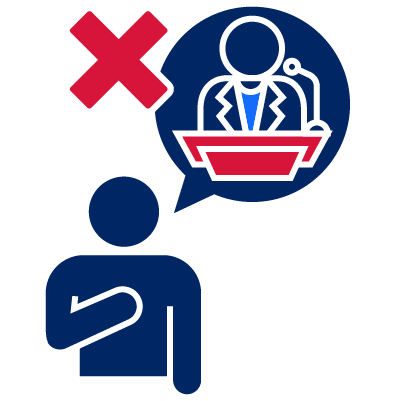 Icon of a person thinking about a person in front of a desk and a cross mark next to it.