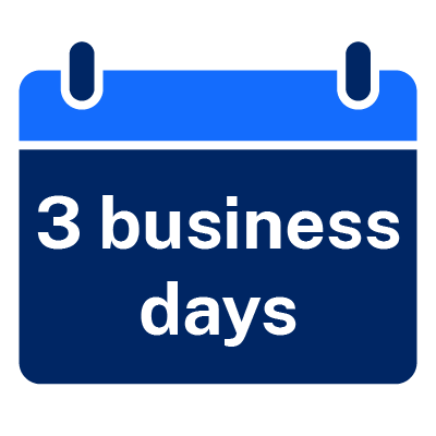 Icon of a calendar with the text '3 business days' written inside.