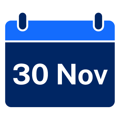 Icon of a calendar with the text '30 Nov' written inside.