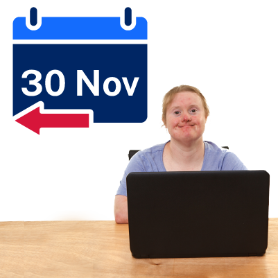 Picture of a person using a laptop, with a calendar icon in the top-left corner showing '30 Nov' and a left arrow.