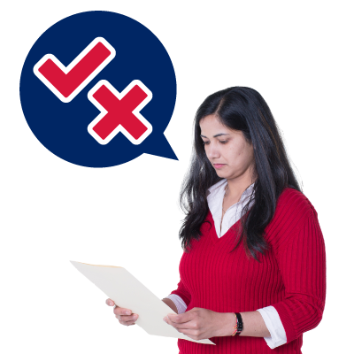 Image of a woman holding a document, with an icon of a text box above her displaying a tick and a cross.