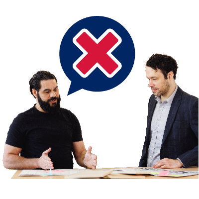 Two men engaged in a discussion, with a cross icon inside a text box positioned between them.