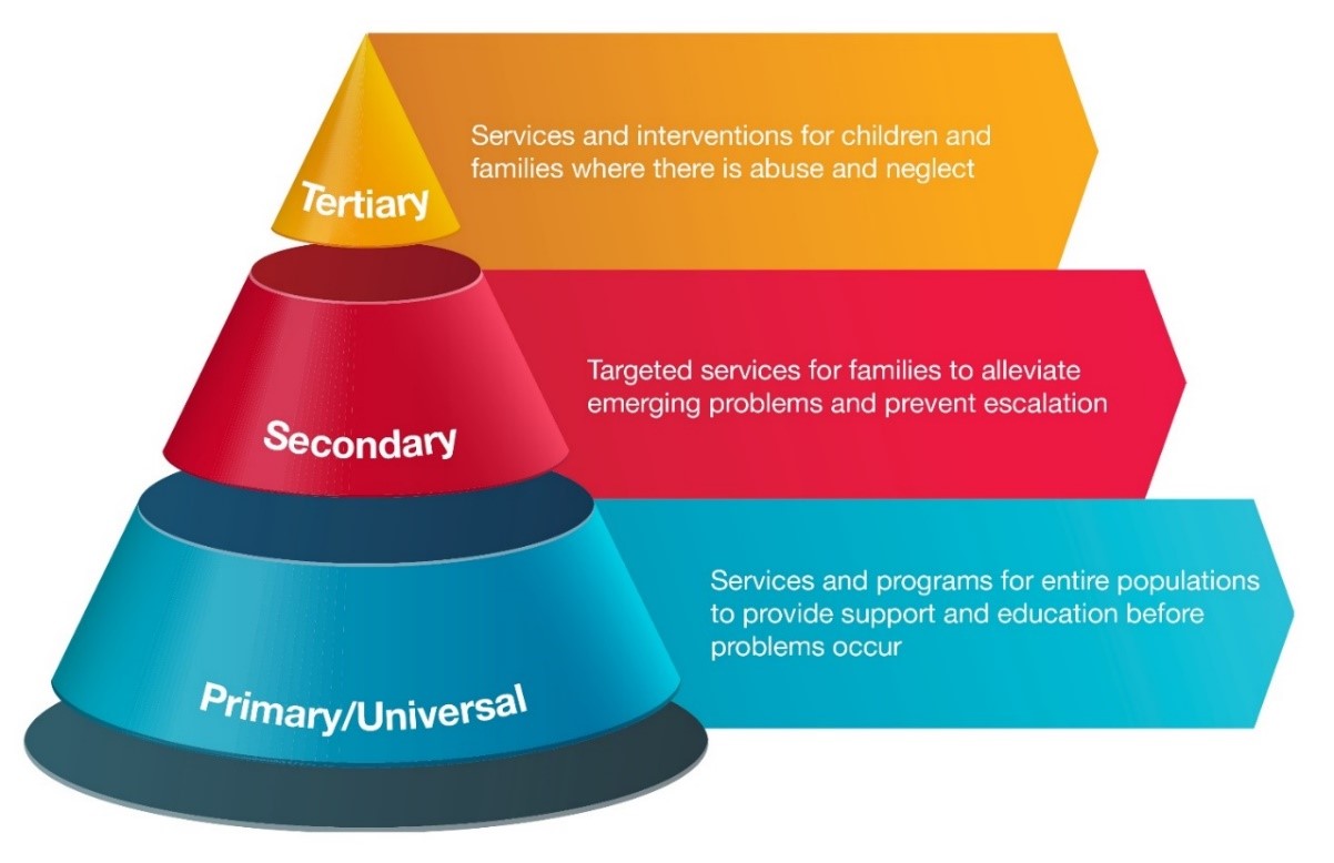 Diagram of public health model depicting three levels of service delivery.